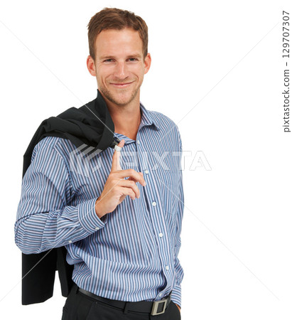 Fashion, portrait and businessman with trendy jacket in studio, smile and happy on white background. Face, entrepreneur and male clothing for success with business vision, idea and mindset on mockup 129707307