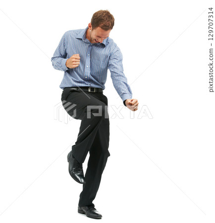 Happy, dance and businessman in studio for celebration, success and good news on white background. Goal, achievement and male entrepreneur dancing, positive and excited for company goal with mockup Happy, dance and businessman in studio for celebration, success and good news on white background. Goal, achievement and male entrepreneur dancing, positive and excited for company goal with mockup 129707314