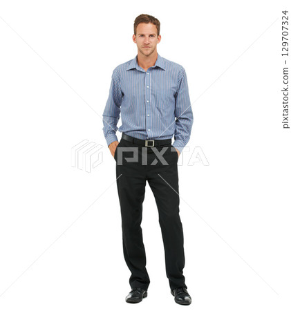 Portrait, business and man hands in pants, smile and confident manager isolated on white studio background. Ceo, employee or male entrepreneur with corporate career, marketing leader and professional 129707324