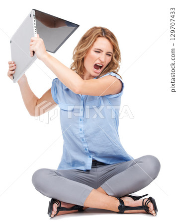 Business, angry and woman breaking laptop, stress and frustrated employee isolated on white studio background. Glitch, smash computer or female worker with stress for error, mad or upset with burnout 129707433