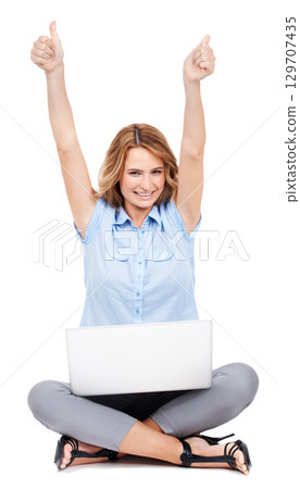 Laptop, thumbs up and business woman on studio floor happy, excited and winning on white background. Portrait, hand and success sign by female entrepreneur celebrating good news, idea or mission plan Laptop, thumbs up and business woman on studio floor happy, excited and winning on white background. Portrait, hand and success sign by female entrepreneur celebrating good news, idea or mission plan 129707435