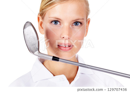 Golf, sports and portrait of a woman in studio for exercise, fitness training and golfing motivation. Face of female golfer holding golf club while ready for a competition or game on white background 129707436
