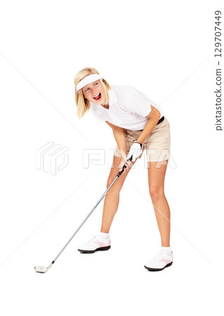 Woman, golf and stick ready for sports game, match or fun golfing against a white studio background. Happy blond female golfer isolated in sport with golf club screaming in frustration after shot 129707449