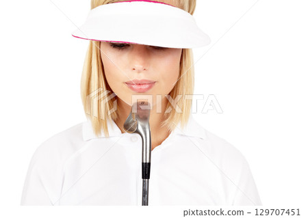 Golf, club and mockup with a sports woman in studio isolated on a white background for a game. Sport, golf club and focus with a female golfer posing on blank mock up space for product advertising 129707451