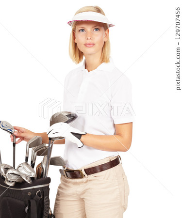 Golf woman, club bag and focus in studio with goal, dream and sports equipment by white background. Isolated golfer girl, golf club backpack and mindset for game, sport and fitness for competition 129707456