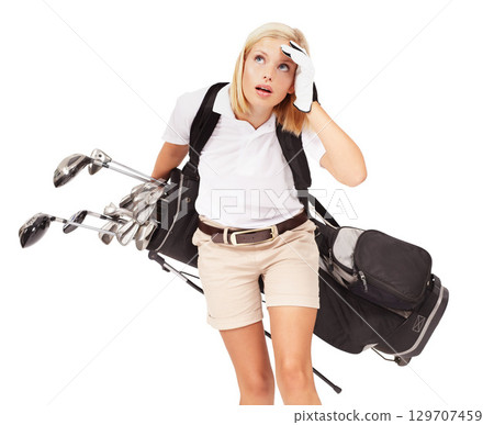 Sports, beauty and woman with golf bag isolated with white background, fitness, sport and caddy looking up. Golf, competition and tired woman carrying heavy bag with golf clubs, exhausted in studio. 129707459