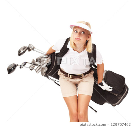 Sports, golf and woman in a studio with clubs for exercise, training or golfing motivation. Fitness, athlete and female golfer with a confused expression holding equipment by a white background. 129707462