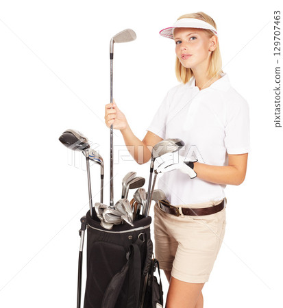Golf, woman and sport clubs portrait of a model with sports gear and isolated white background. Thinking, game club choice and female athlete with sportwear looking thoughtful with mock up space 129707463