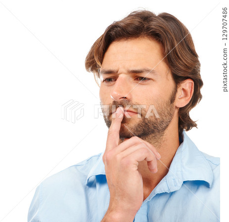 Thinking, face and business man in studio isolated on a white background. Doubt, planning and male entrepreneur, ceo or manager focus, lost in thoughts and contemplating sales or advertising ideas. Thinking, face and business man in studio isolated on a white background. Doubt, planning and male entrepreneur, ceo or manager focus, lost in thoughts and contemplating sales or advertising ideas. 129707486