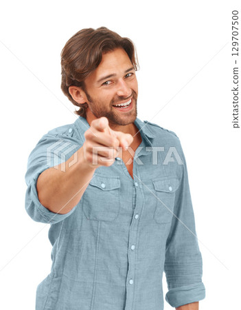 White background, smile and portrait of man pointing in studio for motivation, choice and encouragement in studio. Marketing, advertising and mockup of male with hand gesture, point finger and sign White background, smile and portrait of man pointing in studio for motivation, choice and encouragement in studio. Marketing, advertising and mockup of male with hand gesture, point finger and sign 129707500