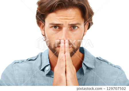 Portrait, man or anxiety and prayer hands on studio background in mental health, stress burnout or nervous. Zoom, face or worried model and hope, praying or wish gesture for good news, luck or change Portrait, man or anxiety and prayer hands on studio background in mental health, stress burnout or nervous. Zoom, face or worried model and hope, praying or wish gesture for good news, luck or change 129707502