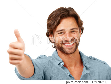 Thumbs up, OK and man with smile, face with hand sign, yes and thank you with feedback against white background. Happy man, agreement and success with motivation for winner and vote in portrait 129707510