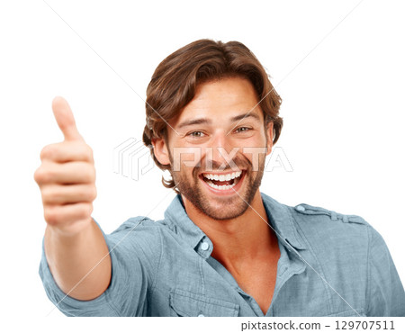 Thumbs up, OK and man with smile, portrait with hand sign, yes and thank you with feedback against white background. Happy man, agreement and success with motivation for winner and vote in portrait 129707511