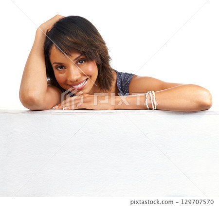 Poster, banner and black woman portrait with a smile and space, billboard or mockup for advertising brand. Female with announcement, product placement or signage for white background branding or logo 129707570
