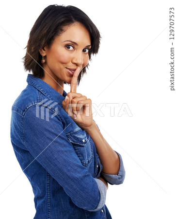 Black woman, portrait or lips silence finger on isolated white background in secret, gossip emoji or news. Happy smile, model and quiet hand gesture for strategy planning, ideas or whisper discipline Black woman, portrait or lips silence finger on isolated white background in secret, gossip emoji or news. Happy smile, model and quiet hand gesture for strategy planning, ideas or whisper discipline 129707573