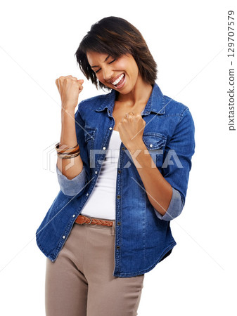 Success celebration, winner and woman in studio isolated on a white background. Face, winning or happy, amazed and excited female model celebrate victory, triumph or goal achievement with eyes closed 129707579