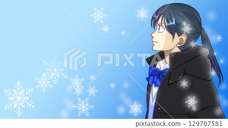 Sparkling snowflakes, anime-style illustration of a high school or middle school girl, white space on the left Sparkling snowflakes, anime-style illustration of a high school or middle school girl, white space on the left 129707581