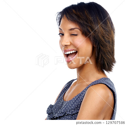 Black woman, portrait or wink on isolated white background for fashion clothes deal, promotion or marketing sales. Zoom, playful face or model facial expression, emoji or ideas on advertising space Black woman, portrait or wink on isolated white background for fashion clothes deal, promotion or marketing sales. Zoom, playful face or model facial expression, emoji or ideas on advertising space 129707586