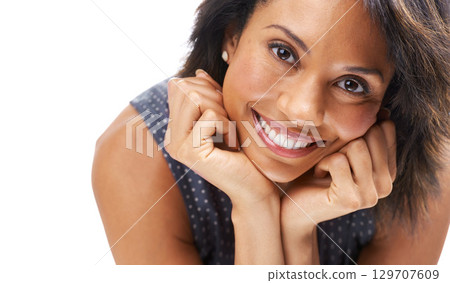 Face, woman and portrait with facial and beauty for skincare, cosmetic care and makeup against white background. Wellness, smile and dermatology, natural cosmetics glow and teeth whitening mockup 129707609