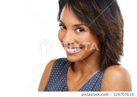 Smile, beauty and portrait of black woman on a white background for wellness, cosmetics and makeup. Skincare, natural lifestyle and face headshot of girl with big smile, confident and happy in studio Smile, beauty and portrait of black woman on a white background for wellness, cosmetics and makeup. Skincare, natural lifestyle and face headshot of girl with big smile, confident and happy in studio 129707618