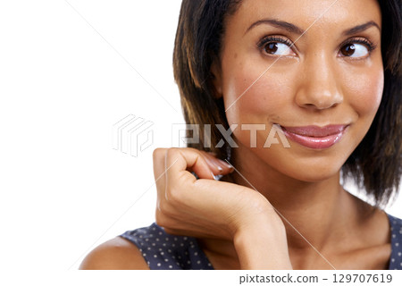 Mockup, studio background and black woman thinking of ideas, mindset and planning to remember memory. Inspiration, solution and face of studio model, question goals and daydream of happy opportunity 129707619