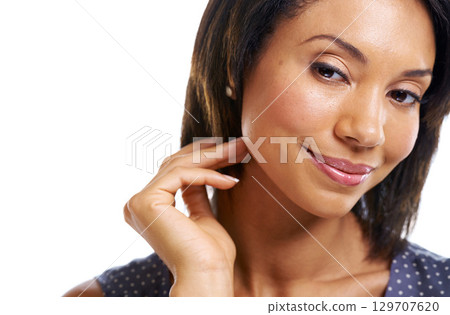 Happy black woman, face or touching brunette hairstyle on isolated white background in keratin treatment or dye color. Zoom, smile or facial expression on hair beauty model, makeup cosmetic or mockup 129707620