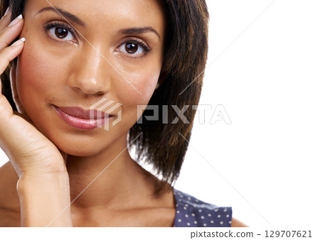 Portrait, woman and face with beauty, skincare and manicure with healthy skin mockup against studio background. Cosmetic care, makeup and wellness with smile and facial zoom with natural glow Portrait, woman and face with beauty, skincare and manicure with healthy skin mockup against studio background. Cosmetic care, makeup and wellness with smile and facial zoom with natural glow 129707621