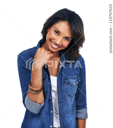 Portrait, fashion and denim with a model black woman in studio isolated on a white background for style. Marketing, advertising and branding with an attractive young female posing on blank space 129707629
