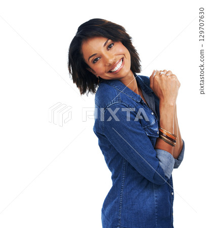 Portrait, excited and mockup with a model black woman looking cute or adorable in studio on a white background. Face, fashion and denim with an attractive young female posing to promote mock up space 129707630