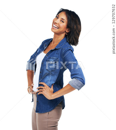 Portrait, black woman and laughing with smile, confident and girl isolated on white studio background. Fashion, African American female and lady with confidence, laugh or happiness with casual outfit 129707632