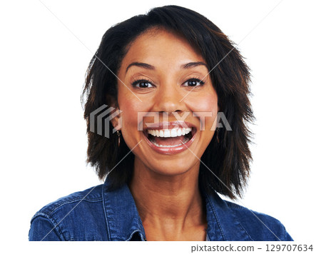 Portrait, face and surprise with an excited black woman looking enthusiastic in studio on a white background. Wow, happy and expression with an attractive female feeling positive or carefree Portrait, face and surprise with an excited black woman looking enthusiastic in studio on a white background. Wow, happy and expression with an attractive female feeling positive or carefree 129707634