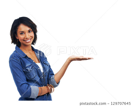 Mockup, happy or black woman in studio with marketing, product placement or branding space. White background, portrait or African girls hand advertising discount, sales or promotional deal offer 129707645