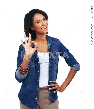 Hand signal, ok and portrait of black woman with smile on face, agreement and understanding isolated on white background. Motivation, approval and good job sign language meme, happy woman in studio. 129707646