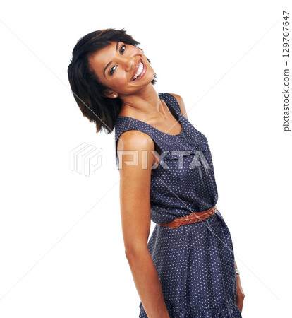 Happy black woman, portrait and laughing in fashion, trendy or cool clothes on isolated white background or mock up. Smile, model and fun body language for playful clothing brand on mockup backdrop 129707647