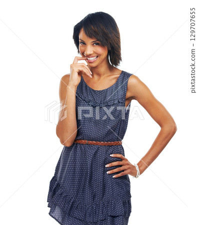 Portrait, happy and mockup with a model black woman in studio isolated on a white background for product placement. Advertising, brand and marketing with an attractive young female on blank space 129707655
