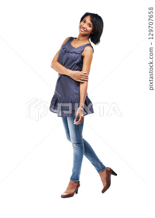 Portrait, fashion and mockup with a model black woman in studio isolated on a white background for style. Marketing, mock up and advertising with an attractive young female on a blank space 129707658