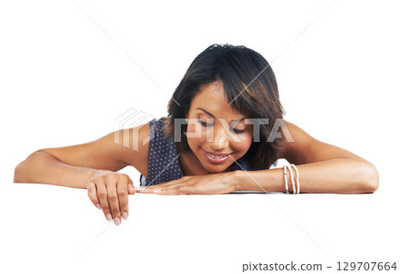 Billboard poster, banner and black woman with advertising space or mockup for marketing brand or logo. Female with business announcement, product placement or signage isolated on white background 129707664