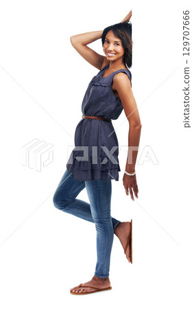 Happy woman, portrait and poster or banner with advertising space, billboard or mockup for brand. Full body female with announcement, product placement or logo signage for white background branding 129707666