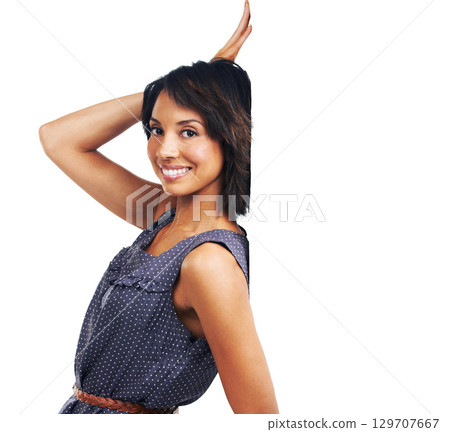 Portrait, black woman and poster or billboard with advertising space, banner or mockup for brand or logo. Female with business announcement, product placement or signage for white background branding 129707667