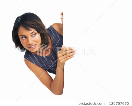 Poster, billboard and black woman with space, news or mockup for advertising brand or logo. Female with retail sale announcement, product placement or signage for white background branding poster 129707670