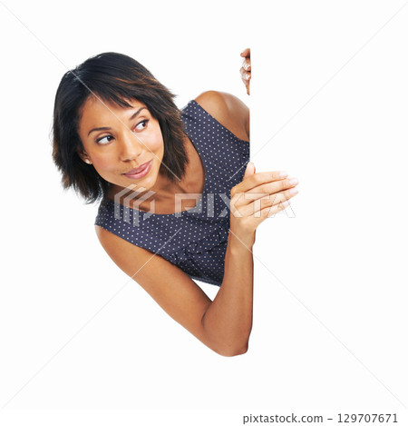 Poster, banner and black woman with marketing space, billboard or mockup for advertising brand or logo. Female with business announcement, product placement or signage for white background branding 129707671