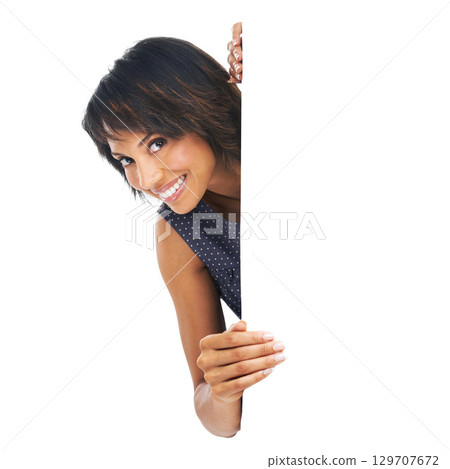 Banner, poster and excited black woman portrait with space, billboard or mockup for advertising brand logo. Female with business announcement, product placement or signage on white background 129707672