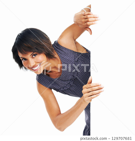 Billboard, poster and portrait of black woman with space, banner or mockup for advertising brand or logo. Female with business announcement, product placement or signage for white background branding 129707681