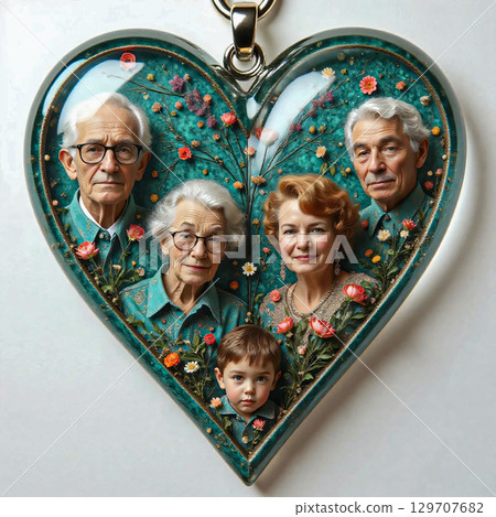Glossy heart shaped keychain with family theme. A grandson, two grandmothers and two grandfathers are depicted in a heart-shaped pendant. 129707682