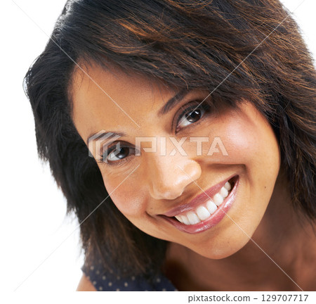Black woman, smile and portrait zoom of a female face with happiness and natural beauty. Makeup, excited and happy african woman smiling in a isolated white background studio with skin care glow Black woman, smile and portrait zoom of a female face with happiness and natural beauty. Makeup, excited and happy african woman smiling in a isolated white background studio with skin care glow 129707717