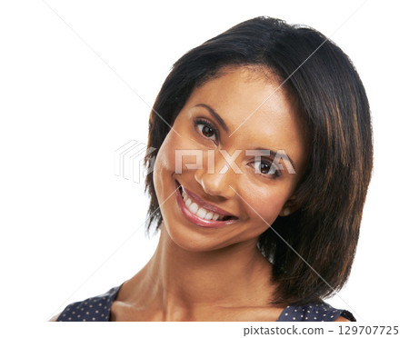 Beauty, healthcare and portrait of black woman on a white background for cosmetics, healthy teeth and big smile. Dental care, happy and face headshot of lady with treatment, confident and wellness 129707725