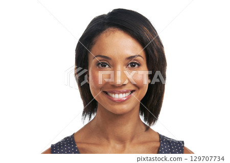 Beauty, studio and portrait of black woman on a white background for cosmetics, healthy skin and fashion. Natural lifestyle, happy and face headshot of lady with big smile, confidence and makeup Beauty, studio and portrait of black woman on a white background for cosmetics, healthy skin and fashion. Natural lifestyle, happy and face headshot of lady with big smile, confidence and makeup 129707734
