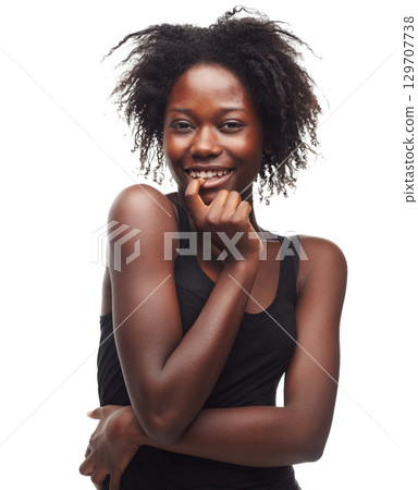 Beauty, portrait and flirting black woman in studio for hair treatment against white background. Face, girl and haircare for thinking African girl with curly, texture and afro, cute and isolated 129707738