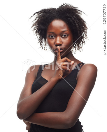 Secret, skincare and portrait of a black woman in studio with beautiful, glow and healthy skin. Beauty, wellness and African female model with finger on mouth and positive mindset by white background Secret, skincare and portrait of a black woman in studio with beautiful, glow and healthy skin. Beauty, wellness and African female model with finger on mouth and positive mindset by white background 129707739