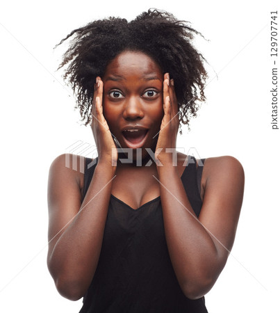 Surprise, wow and portrait of black woman in studio on white background for emoji, facial expression and news. Beauty, amazed face and girl with open mouth for shock, omg results and excited reaction Surprise, wow and portrait of black woman in studio on white background for emoji, facial expression and news. Beauty, amazed face and girl with open mouth for shock, omg results and excited reaction 129707741